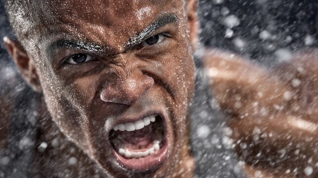 A powerfully intense close-up portrait of a Black male athlete, drenched in water.