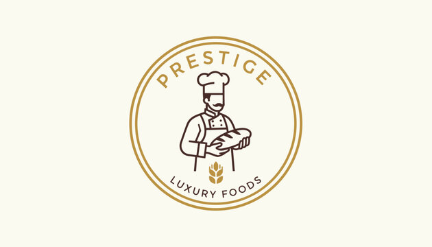 Elegant retro logo design for prestige luxury foods featuring a classic chef holding a freshly baked loaf of bread.