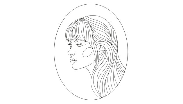 Minimalist fine line illustration showcasing a woman with beautiful long hair and bangs in profile view within an oval frame.