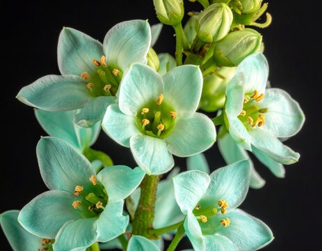 Ixia viridiflora. Turquoise star shaped flowers blooming with beautiful exotic teal petals.