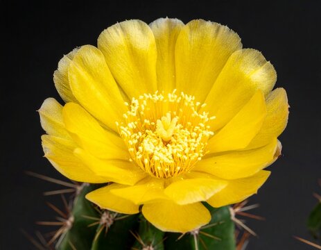 Parodia ottonis. Beautiful bright yellow cactus flower blooming macro on dark background.