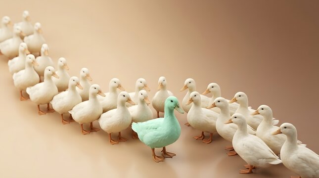 Green duck, group and leadership with white birds in a row for business strategy, marketing and standing out from the crowd. Individual, different and original for success, vision and growth