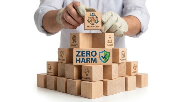 Stack of cardboard boxes with zero harm safety sign on top