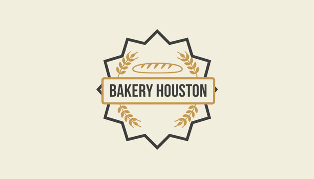 Retro style circular bakery Houston logo template featuring a golden star border and ears of wheat framing bread.