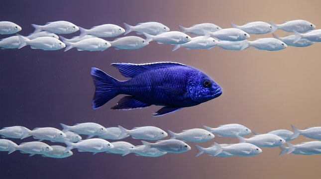 Blue fish, standing out and school of small fish for leadership, individuality and unique personality. One animal, being different and diverse from group with success, courage and independent work