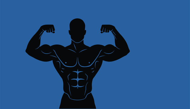 Black silhouette of a muscular bodybuilder flexing his biceps against a solid royal blue background.