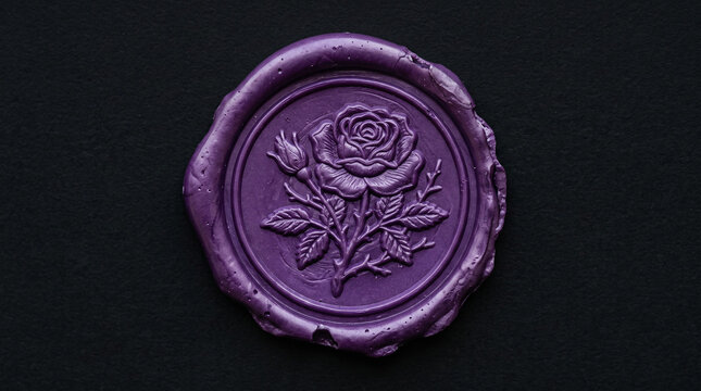 Purple wax seal with embossed rose floral design.