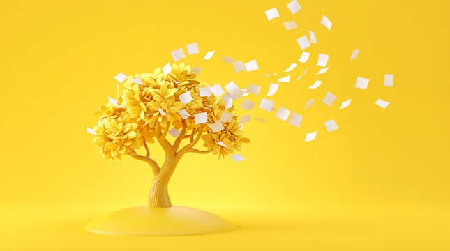 Stylized yellow tree with white paper leaves blowing in the wind on a bright background.