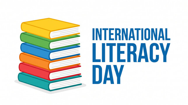 Stack of colorful books with International Literacy Day text on white.
