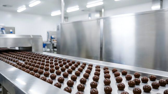 Industrial chocolate ball sorting machine on conveyor in food facility.