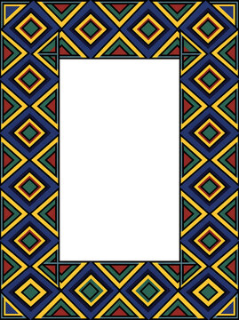 Ndebele style diamond lattice border frame in navy gold red and green on white background