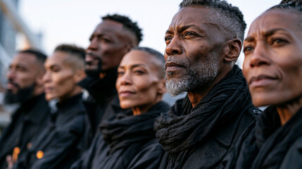 Fototapeta premium A row of five adults stand outside, looking off to the side. The adults wear dark clothing and have short dark hair. The overall mood of the picture is serious. This photo could be