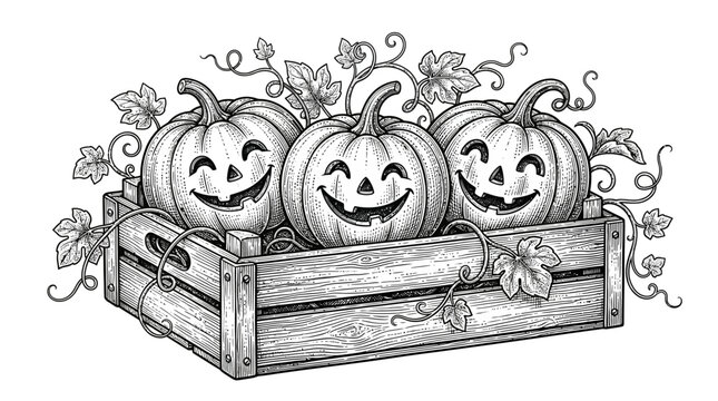 Pumpkin trio sits within a wooden crate adorned with trailing leaves for a festive harvest display.