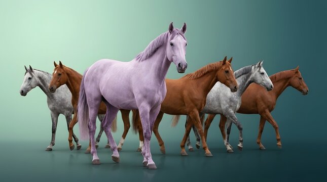 Horses, purple horse and unique animal in studio with leadership, standing out from crowd and individuality concept. Equine, herd and livestock with creative colors, group of stallion and mare.