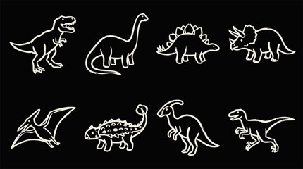 Eight different white outline cartoon dinosaurs on a black background, various species © !jungkirbaliʞ