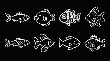 Obraz premium Eight white hand-drawn cartoon fish illustrations on a plain black background