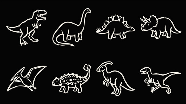 Eight different white outline cartoon dinosaurs on a black background, various species