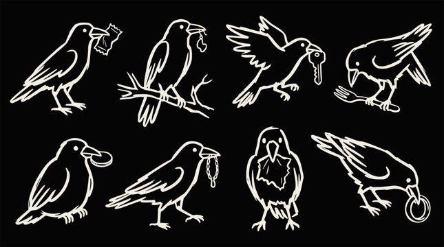 Eight white outline birds holding various objects on a black background in a hand-drawn vector style