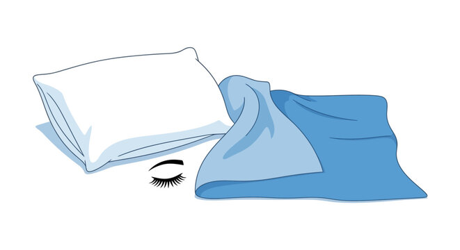 Illustration of a pillow and blanket with closed eye symbol
