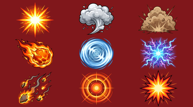 Cartoon Game Special Effects Set with Fireball Explosion Lightning and Smoke Cloud Icons