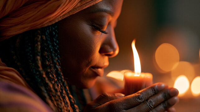 African woman in traditional clothing holding a burning candle in the dark with darkness
