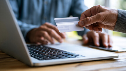 Fototapeta premium Detailed close-up photographic stock image focusing on a person's hands performing a digital transaction. One hand holds a minimalist matte white payment card above a modern silver