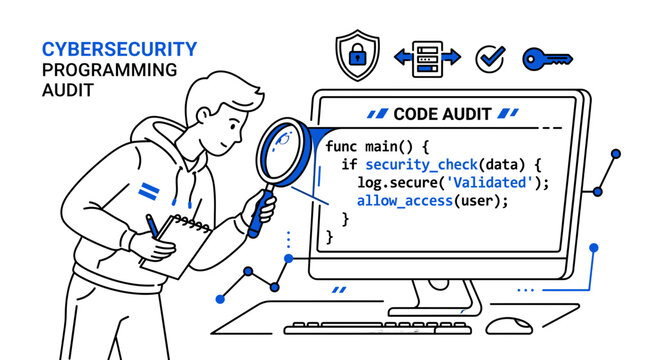 Cybersecurity Programmer Performing Code Audit with Magnifying Glass