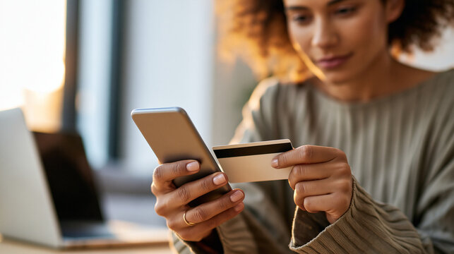 An eye-level dynamic stock photo for fintech marketing. A young woman's hands, wearing a subtle ring, are shown interacting with a minimalist smartphone screen and a plain white cr