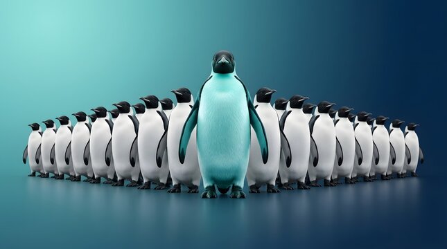 Leadership, penguins and team in formation for business, success and individuality. Professional, unique and different with standing out, group and management for corporate growth and profitability.