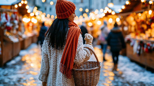 A woman with long dark hair walks away from the camera through a Christmas market on a snowy evening, she wears a cream chunky knit coat, a rust orange scarf, a matching orange bea