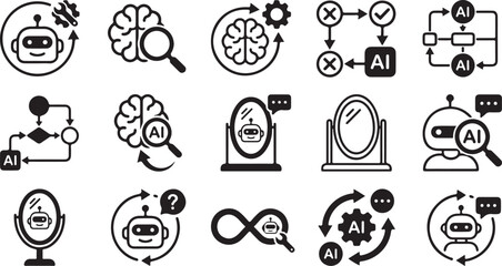 Fototapeta premium Artificial intelligence self reflection and machine learning alignment solid black glyph vector icon set