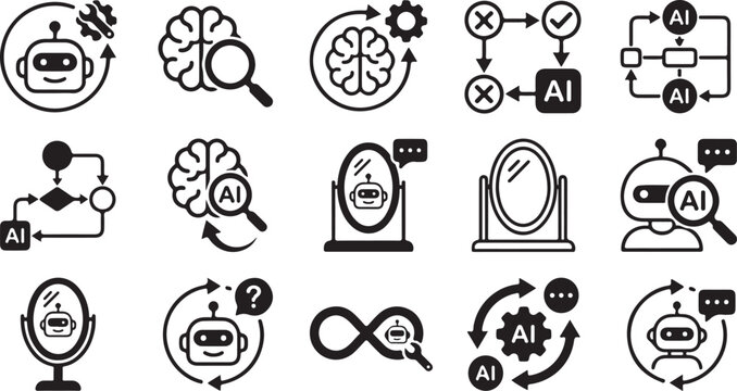 Artificial intelligence self reflection and machine learning alignment solid black glyph vector icon set