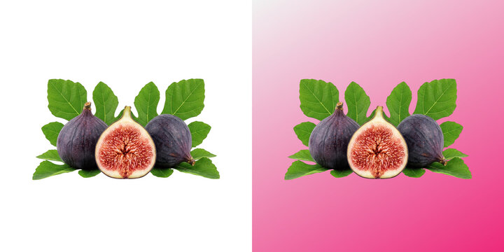 Fresh purple figs in transparent background with green leaves