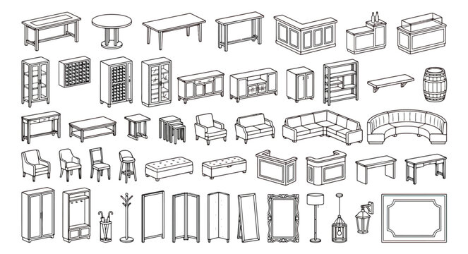 Minimalist furniture line icons set, modern interior home decor vector collection, 48 outline furniture symbols for floor plans and architectural design