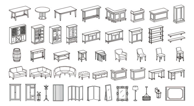 Minimalist furniture line icons set, modern interior home decor vector collection, 48 outline furniture symbols for floor plans and architectural design