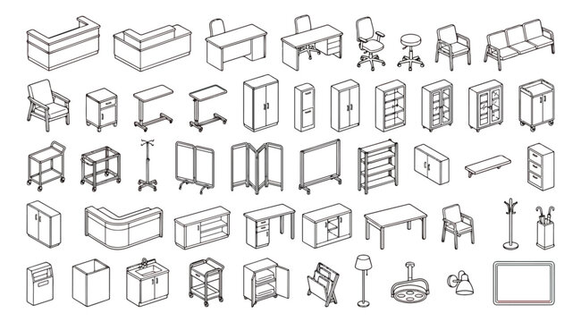 Isometric medical furniture icons set, black and white hospital equipment line art vector, clinic interior design elements for floor plans