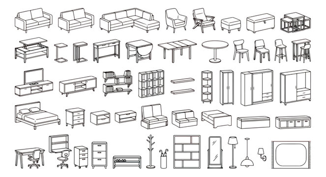 Minimalist furniture line icons set, modern home interior decor vector collection, 50 outline furniture elements for floor plan and house design