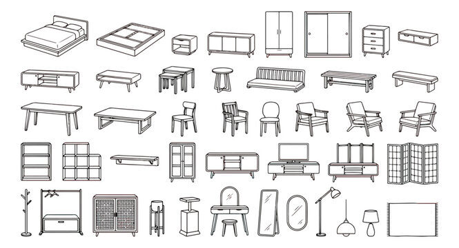 Minimalist furniture line icons set, modern home interior decor vector collection, 40 hand drawn furniture elements for floor plans and architectural design