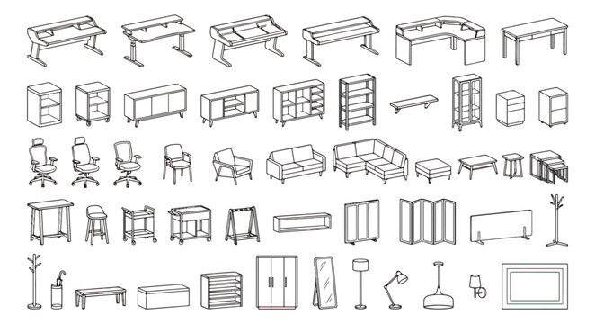 Minimalist office furniture line icons set, modern workspace interior elements vector, black and white desk and chair collection for architectural floor plans