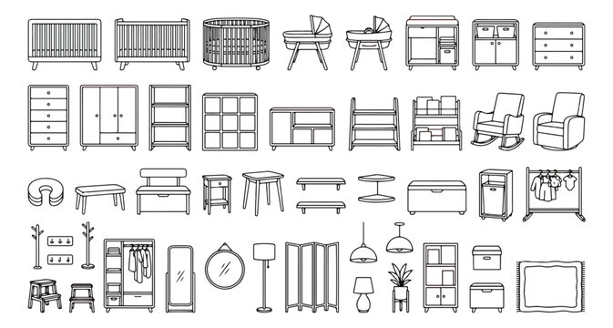 Minimalist nursery furniture icons set, modern baby room interior elements vector, 40 nursery decor line art symbols for interior design planning