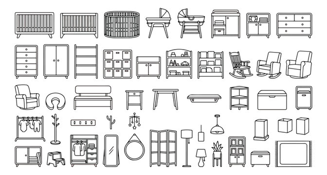 Minimalist baby nursery furniture icons set, modern nursery room interior elements vector, 50 thin line icons for newborn bedroom decor