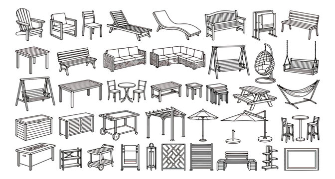 Outdoor furniture line icons set, 40 patio and garden equipment vector illustrations, modern backyard living furniture icons for landscape design