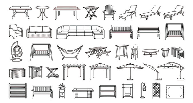 Outdoor furniture vector icons set, patio garden furniture collection with chairs and tables, exterior terrace decor elements for landscape design
