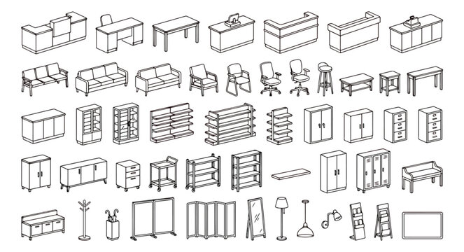 Minimalist office furniture vector icons set, isometric line art workspace equipment collection, professional interior design elements for floor plans