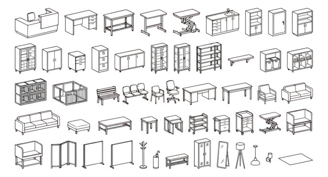 Minimalist office furniture line icons set, isometric workspace equipment and interior elements, 50 professional business furniture vector illustrations