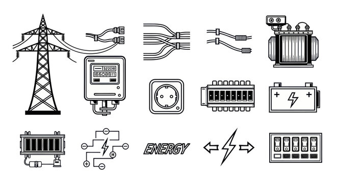 Power Grid, Electricity Transmission and Substation Vector Set