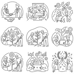 Obraz premium diverse business concepts collaboration teamwork growth innovation success in modern line art illustrations.
