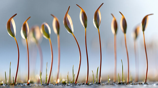 Macro view of moss capsules growing on thin stems in a field with vegetation, close-up