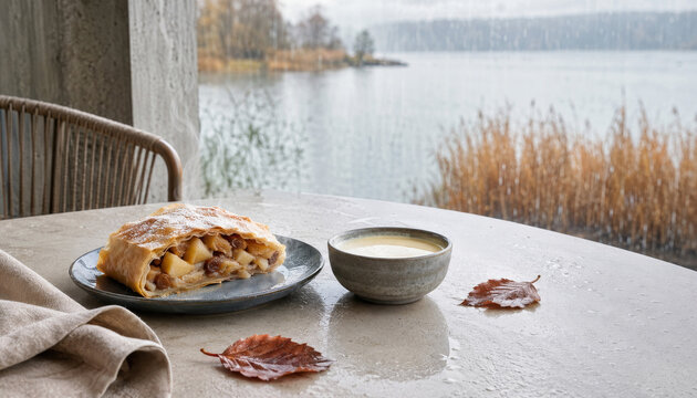 Strudel de manzana con salsa de vainilla en un ambiente de lluvia junto a un lago