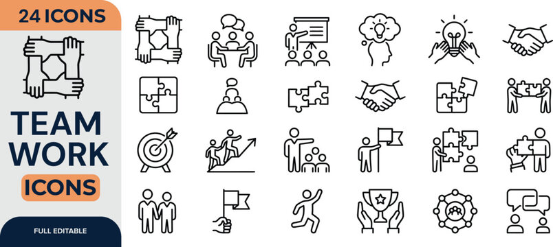 Business teamwork icon set. Containing team working together, partnership, work group, agreement, handshake, support, structure hierarchy, collaboration, co-worker, cooperation. vector illustration